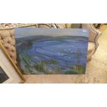 Violet Fuller oil on board depicting blue landscape