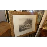 A pair of hunting prints with hounds in gilt frame