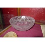 A Lalique fruit bowl decorated with many birds and geometric patterns in relief, signed to base