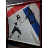 A hanging linen banner with two images,