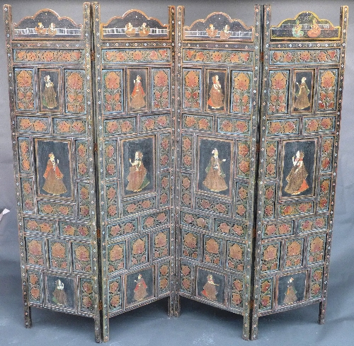 A late C19th Qatar four-fold hardwood screen, the arched top panels painted with a seated couple