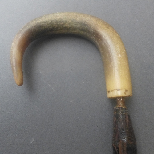 A horn handled walking stick, the curved horn handle mounted to tapered ebonised stick (lacks - Image 2 of 3