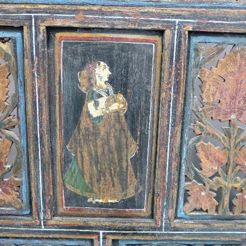 A late C19th Qatar four-fold hardwood screen, the arched top panels painted with a seated couple - Image 2 of 4