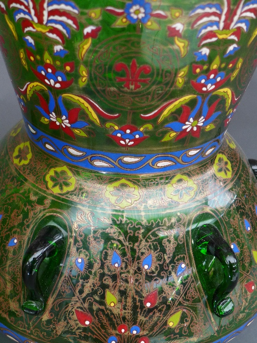 A pair of Mamluk style green and enamelled glass mosque lamps, the bulbous body on short splayed - Image 4 of 5