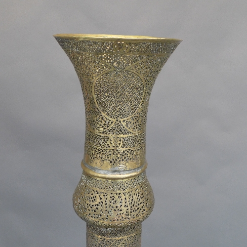 A pair of late C19th mammoth sized pierced brass mosque lampstands, the allover intricate - Image 2 of 3