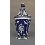 A Bristol blue glass and white enamel vase and cover, the swept cover above tapering bucket form