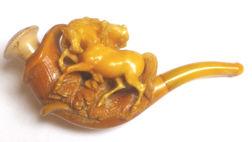 An amber coloured Meerschaum style pipe, early C20th, of mixed materials, in the form of a pair of - Image 2 of 4