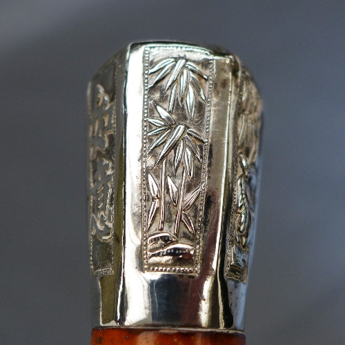 A Chinese export silver topped Malaca cane walking stick, the embossed handle of hexagonal form with - Image 5 of 6