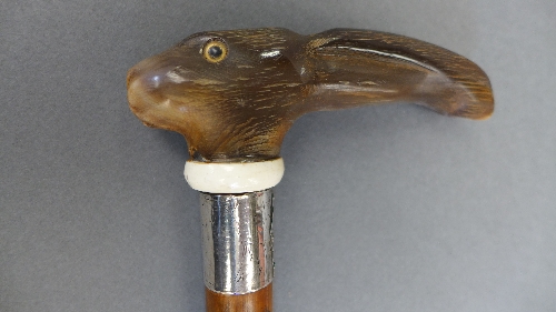 A horn handled walking cane, the handle fashioned in the form of a hare's head, fitted hallmarked - Image 2 of 3