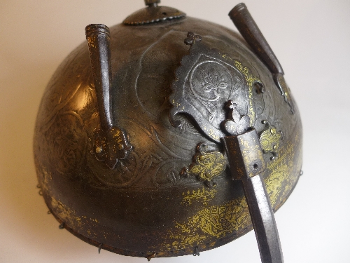 An C18th Persian steel helmet, with central spike and twin plume holders, nasal bar, with allover - Image 2 of 4