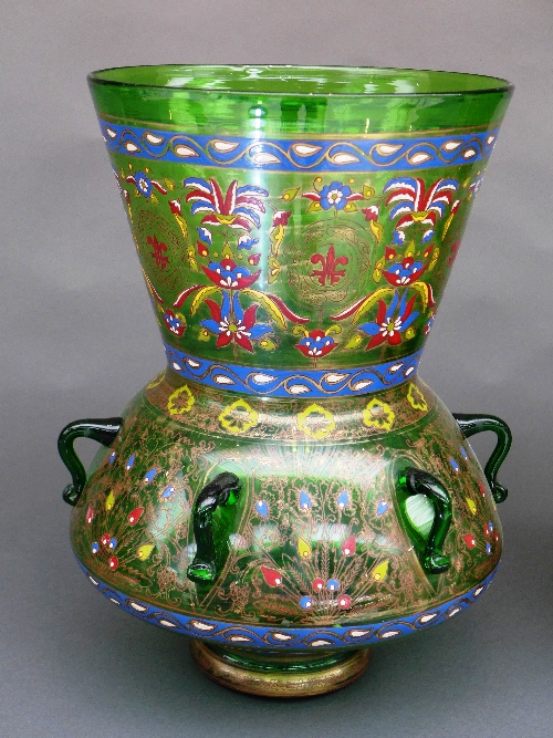 A pair of Mamluk style green and enamelled glass mosque lamps, the bulbous body on short splayed - Image 2 of 5