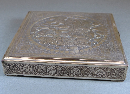 An Isfahan silver box, the lid embossed with central figural scene within arabesques and engraved - Image 2 of 6