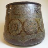 A Mamluk revival Cairoware brass circular bowl, late C19th, with profuse white metal and copper