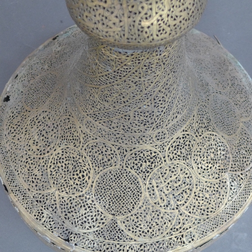 A pair of late C19th mammoth sized pierced brass mosque lampstands, the allover intricate - Image 3 of 3