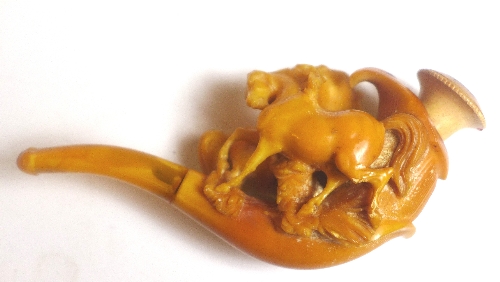 An amber coloured Meerschaum style pipe, early C20th, of mixed materials, in the form of a pair of - Image 3 of 4