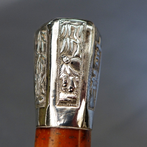 A Chinese export silver topped Malaca cane walking stick, the embossed handle of hexagonal form with - Image 6 of 6