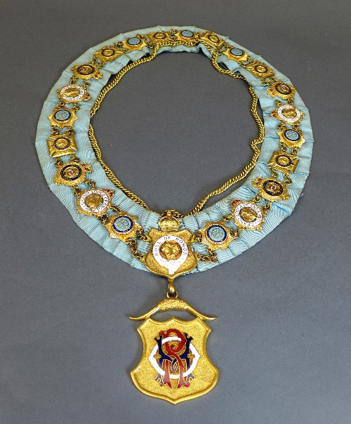 A Masonic chain of office, the sky blue ribbon with various gilt metal and enamel jewels.