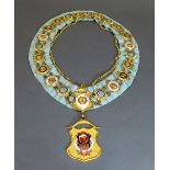 A Masonic chain of office, the sky blue ribbon with various gilt metal and enamel jewels.