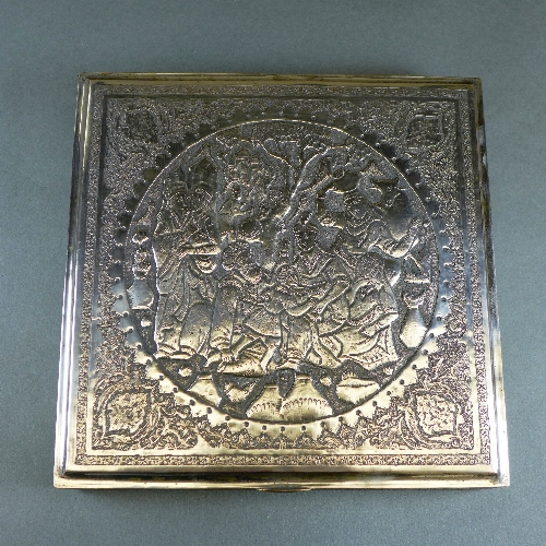 An Isfahan silver box, the lid embossed with central figural scene within arabesques and engraved