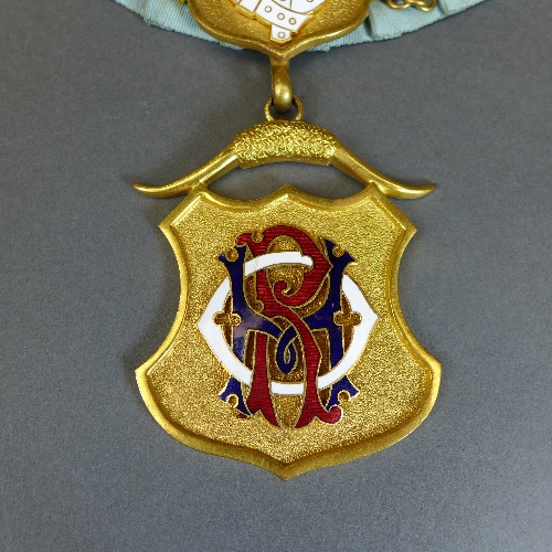 A Masonic chain of office, the sky blue ribbon with various gilt metal and enamel jewels. - Image 2 of 4