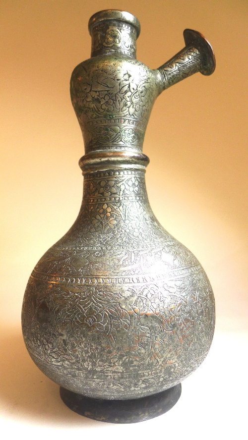 A Persian tinned copper Hookah base, late C18th/early C19th, of bulbous form, the waisted neck