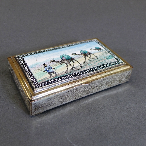 A Persian silver and enamel box, the stepped hinged lid with domed polychrome enamel panel depicting