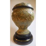 A Doulton stoneware style lamp base, of bulbous form, having relief decoration of floral swags and