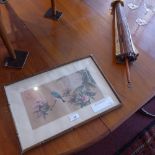 A Japanese painting on silk glazed and framed together with and Oriental parasol