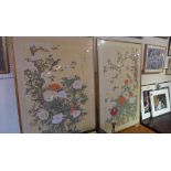 A large pair of Chinese paintings on silk of birds perched in flowering trees and with butterflies