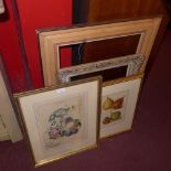 Two gilded picture frames only, together with two glazed and framed prints