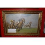An early C20th oil on canvas 'A Tight Finish' horses at Sefton Park Liverpool in a gilt frame