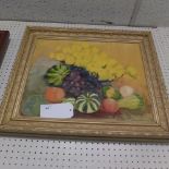An oil on canvas still life study of fruit and flowers on a table in a giltwood frame
