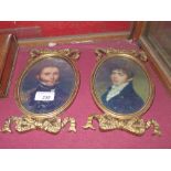 A pair of miniature portrait prints of gentleman in gilt frames