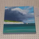 An unframed oil on canvas seascape with cliffs in the distance by Terence Howe