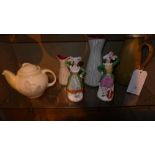 A pair of Staffordshire figures together with a Susie Cooper tea pot a pair of Continental water
