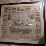 An interesting antiquarian hand coloured Ductch and French maritime print of a ship glazed and