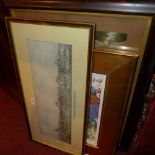 A glazed and framed etching and aquatint 'Weighing and Rubbing Down' and a print of a lady beside