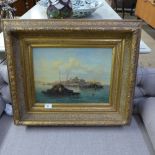 An oil on board of an island within gilt frame initialed