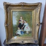 An over painted oil on board of family scene in gilt frame