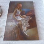 An Italian oil on canvas 'The Letter' of a young lady seated on a bed by Guido Miccoli signed