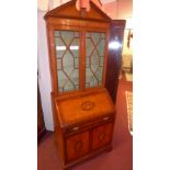 An inlaid mahogany bureau bookcase fitted pair of astragal glazed panel doors above fall front and