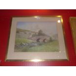 A watercolour landscape of a stone bridge over a river by Edward Pavey signed