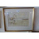 A Hugh McKenzie watercolour of a Thames view glazed and framed with details verso