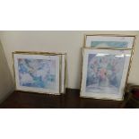 A set of four watercolour by Michael Bonlet depicting still life flowers and three of woman in