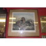 A framed and glazed print of a dog with dead bird, after Landseer's painting, entitled 'Retriever
