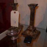 A pair of silver plated G. R. Collis and Co Corinthium column form candlesticks together with a