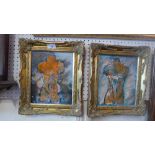 A pair of contemporary oil on board paintings by O.R Rey of male mannequin torsos signed and in gilt