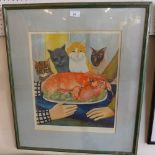 A glazed and framed Beryl Cook print of cats admiring a lobster signed in pencil and stamped but