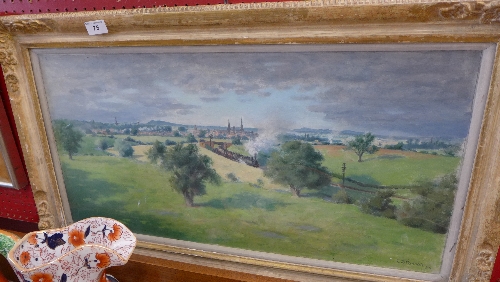 CB Fannan oil on canvas of a landscape with train dated '54 in gilt frame