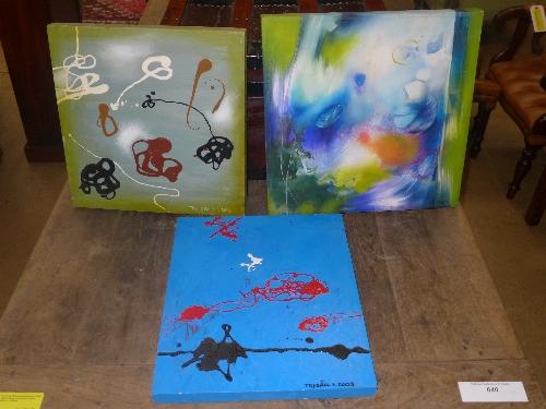 A set of three oils on canvas abstract studies by Tay Dall signed, titled and dated